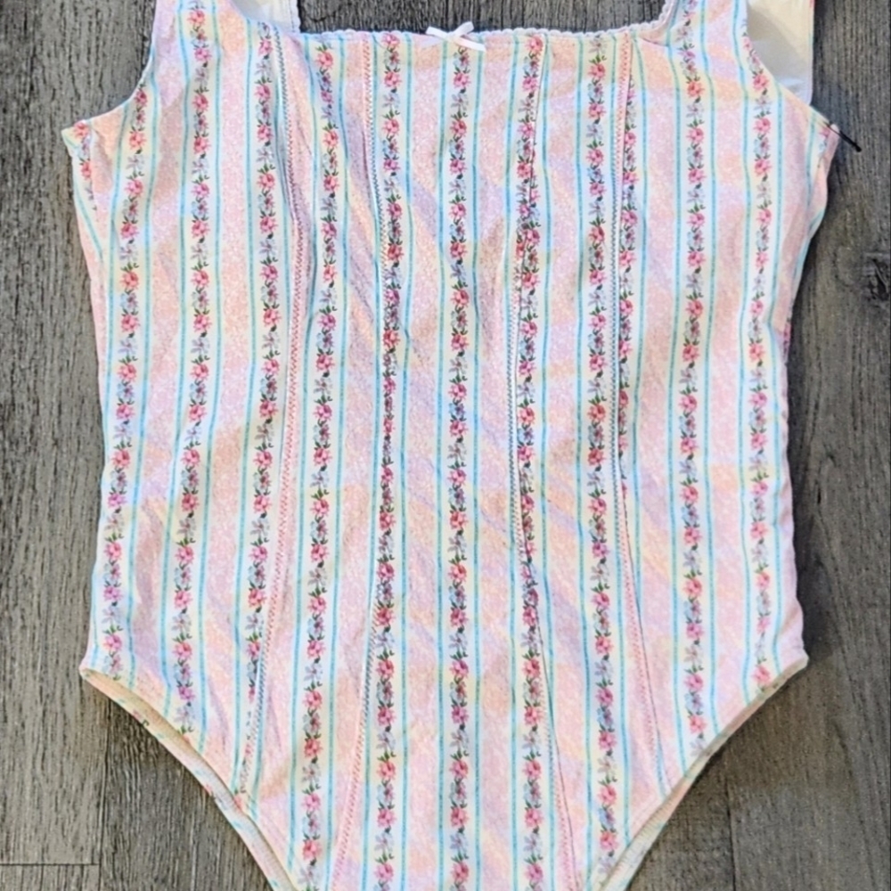 Frankie's Bikinis White One-Piece with Pink and Light Blue Floral Stripes - Picture 7 of 12